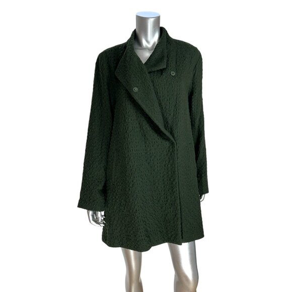 Eileen Fisher Waffle Dark Green Wool Blend Coat With Asymmetric Collar L - Picture 7 of 8